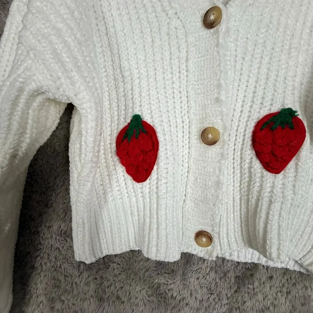 NWT Strawberry Embroider Ribbed White Cardigan Sweater Love Squared Girls 10 12